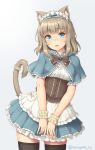  1girl animal_ear_fluff animal_ears aqua_capelet aqua_dress aqua_eyes aqua_ribbon bangs black_legwear black_neckwear blunt_bangs blush bow bowtie breasts capelet cat_band cat_ears cat_girl cat_tail corset cowboy_shot dress eyebrows_visible_through_hair frilled_corset grey_background leaning_to_the_side light_brown_hair looking_at_viewer maid_headdress medium_hair open_mouth original petticoat pocket ribbon ribbon_trim sasaame simple_background skindentation small_breasts solo tail tail_garter tail_raised thighhighs twitter_username underbust v_arms wrist_cuffs 