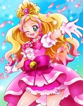  absurdres bad_id bad_pixiv_id blonde_hair blue_background bow cure_flora earrings eyebrows flower flower_earrings flower_necklace gloves go!_princess_precure green_eyes haruno_haruka highres jewelry long_hair magical_girl multicolored_hair necklace one_eye_closed petals pink_bow pink_hair pink_skirt precure puffy_short_sleeves puffy_sleeves sharumon short_sleeves skirt smile solo streaked_hair thick_eyebrows two-tone_hair white_gloves 