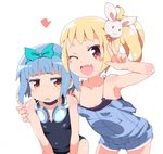  ;d arm_around_shoulder bangs blonde_hair blue_hair blunt_bangs blush blush_stickers brown_eyes bunny_hair_ornament d: fang goggles goggles_around_neck hair_ornament leaning_forward multiple_girls one-piece_swimsuit one_eye_closed open_mouth original overalls sasago_kaze school_swimsuit side_ponytail sidelocks smile strap_slip swimsuit v 