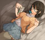  black_hair blue-framed_eyewear book glasses jewelry long_hair looking_at_viewer lying nail_polish ninjunker on_back original pillow pleated_skirt scrunchie single_earring skirt smile solo thighhighs wristband 