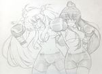  bike_shorts blood boxing boxing_gloves commentary_request hair_ornament kantai_collection long_hair monochrome mouth_guard multiple_girls ponytail punching shinkaisei-kan southern_ocean_war_hime traditional_media twintails tyatyasaburou yamato_(kantai_collection) 