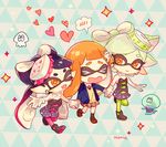  &gt;_&lt; aori_(splatoon) bad_id bad_pixiv_id black_hair chibi closed_eyes gloves hat heart holding_hands hotaru_(splatoon) inkling monster_girl multiple_girls namie-kun one_eye_closed orange_hair school_uniform short_jumpsuit sparkle splatoon_(series) splatoon_1 spoken_blush tentacle_hair walking white_gloves white_hair yellow_eyes 