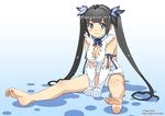  barefoot black_hair blue_eyes blue_ribbon blush dungeon_ni_deai_wo_motomeru_no_wa_machigatteiru_darou_ka feet gloves hair_ribbon hestia_(danmachi) kimura_shigetaka long_hair rei_no_himo ribbon sitting smile solo twintails watermark web_address white_gloves wiggling_toes 