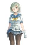  black_legwear blue_eyes breasts gloves hair_ornament hair_over_one_eye hairclip hamakaze_(kantai_collection) kantai_collection kemi_neko large_breasts looking_at_viewer open_mouth pantyhose school_uniform serafuku short_hair short_sleeves silver_hair simple_background skirt solo white_background white_gloves 