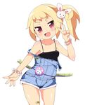  :d bandaid bandaid_on_knee blonde_hair blush bracelet brown_eyes bunny_hair_ornament fang hair_ornament jewelry off_shoulder open_mouth original overalls petite sasago_kaze side_ponytail smile solo standing strap_slip tank_top 