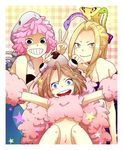  3girls animal blonde_hair blue_eyes checkered female green_eyes grin multiple_girls navel oumagadoki_doubutsuen pink_hair poodle smile snake sss3 star_(symbol) teeth tekka_maki toitoi trio tuna uwabami v 