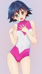 :o bangs bare_shoulders blue_hair blush breasts colored_eyelashes competition_school_swimsuit contrapposto cowboy_shot flipped_hair green_eyes grey_background halterneck hand_on_own_chest highres one-piece_swimsuit open_mouth school_swimsuit sei_(yuu-gi-ou_zexal) short_hair simple_background small_breasts solo standing surprised swimsuit turtleneck wacchi yuu-gi-ou yuu-gi-ou_zexal 