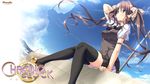  andou_misaki arm_behind_head black_legwear bow breasts brown_hair chrono_clock cloud company_name copyright_name day hair_bow highres impossible_clothes koku long_hair looking_up medium_breasts official_art purple_eyes school_uniform short_sleeves sitting sky solo thighhighs treble_clef_hair_ornament twintails very_long_hair wallpaper 