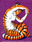  2002 abstract_background anthro breasts bridget_e_wilde dancing eyes_closed feline female fur mammal orange_fur solo stripes tiger traditional_media_(artwork) 