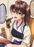  brown_eyes brown_gloves brown_hair chair desk gloves holding indoors japanese_clothes kaga_(kantai_collection) kantai_collection looking_at_viewer muneate open_mouth pen side_ponytail single_glove sitting solo speech_bubble table tai_(nazutai) talking tasuki translated upper_body 