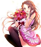  :d bad_id bad_twitter_id bare_shoulders black_legwear bouquet bow brown_hair dress flower frills hair_bow haruka_natsuki idolmaster idolmaster_(classic) long_hair minase_iori open_mouth petals rose simple_background sleeveless smile solo thighhighs white_background yellow_eyes 