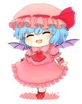  :d ^_^ bat_wings blue_hair bow chibi closed_eyes commentary_request dress fang hat hat_bow mob_cap open_mouth rei_(tonbo0430) remilia_scarlet short_hair short_sleeves smile solo touhou wings wrist_cuffs 