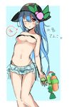  1girl bandeau bikini bikini_top blue_background blue_hair blush breasts colored emushake food fruit hat highres hinanawi_tenshi long_hair looking_at_viewer midriff navel one_eye_closed panties peach red_eyes simple_background sketch solo speech_bubble super_soaker sweatdrop swimsuit text thigh_gap touhou underboob underwear 