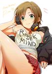  2015 absurdres ayano_yuu_(sonma_1426) belt black_jacket breasts brown_hair camisole clothes_writing commentary_request crossed_legs dated english green_eyes hand_on_headphones happy_birthday headphones headphones_around_neck highres idolmaster idolmaster_cinderella_girls jacket jewelry knees_up long_sleeves looking_at_viewer lying midriff miniskirt necklace on_back open_clothes open_jacket pendant plaid plaid_skirt short_hair skirt small_breasts smile solo strap_slip tada_riina white_background 