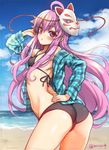  bare_back beach bikini blue_sky blush cloud colorized day fox_mask hata_no_kokoro jpeg_artifacts long_hair long_sleeves looking_at_viewer looking_back mask noh_mask ocean open_clothes open_mouth open_shirt outdoors panties pink_eyes pink_hair plaid plaid_shirt shirt sketch sky solo string swimsuit touhou twitter_username underwear uousa-ou water 