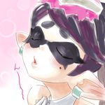  aori_(splatoon) bad_id bad_twitter_id black_hair blush closed_eyes detached_collar domino_mask earrings food food_on_head gloves hikimayu incoming_kiss jewelry kabeu_mariko long_hair mask mole mole_under_eye object_on_head open_mouth pointy_ears solo splatoon_(series) splatoon_1 sushi upper_body white_gloves 