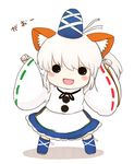  :d arms_up blush_stickers chibi fang hat kemonomimi_mode legs_apart long_sleeves mononobe_no_futo open_mouth rei_(tonbo0430) simple_background smile solid_circle_eyes solo touhou translated white_background white_hair wide_sleeves 