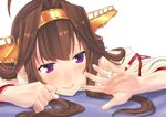  absurdres baffu brown_hair commentary hairband headgear highres japanese_clothes jewelry kantai_collection kongou_(kantai_collection) long_hair nontraditional_miko purple_eyes ring smile solo wedding_band 
