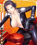  artist_request belt black_hair blue_eyes breasts cleavage collarbone female gloves gradient gradient_background gun highres holding holding_gun holding_weapon large_breasts lilith-soft lips looking_at_viewer motorcycle neck open_clothes pistol serious short_hair sitting solo spandex spaulders taimanin_asagi taimanin_asagi_battle_arena takasugi_kou vehicle villetta_lauren weapon 