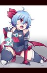  alternate_costume ascot black_gloves black_legwear blue_hair brooch commentary_request elbow_gloves gauntlets gloves hair_ribbon highres jewelry leotard open_mouth red_eyes remilia_scarlet ribbon solo squatting thighhighs touhou tsukigi 