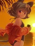  animal_ears back backlighting from_behind grey_hair iris_anemone jpeg_artifacts long_sleeves looking_at_viewer looking_back mouse_ears mouse_tail nazrin ocean off_shoulder one-piece_swimsuit open_clothes open_vest red_eyes short_hair sky smile solo sun swimsuit tail touhou twitter_username vest water 
