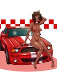  absurdres barefoot bikini black_hair blue_eyes breasts car covered_nipples dark_skin ford ford_mustang ground_vehicle gunsmith_cats highleg highleg_bikini highleg_swimsuit highres john_doe knees_together_feet_apart lipstick looking_at_viewer makeup md5_mismatch medium_breasts micro_bikini motor_vehicle navel on_vehicle rally_vincent red_bikini resized shelby_gt500 shiny shiny_skin short_hair sitting smile solo swimsuit toes toned upscaled very_dark_skin 