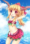  alternate_hairstyle arms_up bikini blonde_hair blue_sky bow cloud day enjoy_mix fang hair_bow ibuki_suika long_sleeves navel oni_horns open_mouth ponytail red_eyes sky smile solo swimsuit touhou 