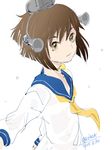  2015 4suke brown_eyes brown_hair dated dress hair_ornament kantai_collection long_sleeves open_mouth sailor_dress short_hair simple_background solo twitter_username upper_body white_background yukikaze_(kantai_collection) 