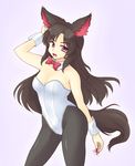  animal_ears bare_arms bare_shoulders black_hair black_legwear breasts cleavage detached_sleeves imaizumi_kagerou isaki_(gomi) leotard long_hair medium_breasts pantyhose pink_eyes playboy_bunny_leotard solo tail touhou very_long_hair wolf_ears wolf_tail wrist_cuffs 