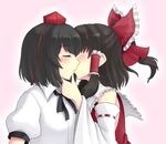  bangs black_hair blush bow breasts chin_grab closed_eyes collared_shirt couple detached_sleeves faceless faceless_female frills from_side hair_bow hair_tubes hakurei_reimu half_updo hat hat_ribbon isaki_(gomi) kiss multiple_girls neck_ribbon nontraditional_miko outline pink_background puffy_sleeves ribbon ribbon-trimmed_sleeves ribbon_trim shameimaru_aya shirt short_sleeves sidelocks simple_background small_breasts tokin_hat touhou upper_body wide_sleeves yuri 