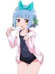  :o bangs blue_hair blunt_bangs brown_eyes cardigan fang flat_chest food hair_ornament hair_ribbon one-piece_swimsuit original paw_pose popsicle ribbon sasago_kaze school_swimsuit short_hair sidelocks solo swimsuit 