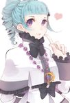  ange_serena black_bow blue_hair bow capelet curly_hair frills heart index_finger_raised jewelry necklace negi_(loveyr) ponytail purple_eyes short_hair smile solo tales_of_(series) tales_of_innocence upper_body white_background 