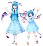  blue_dress cosplay demon_girl demon_tail demon_wings dress heterochromia holding_hands isaki_(gomi) juliet_sleeves koakuma koakuma_(cosplay) long_sleeves multiple_girls open_mouth palette_swap puffy_sleeves shirt skirt skirt_set smile tail tatara_kogasa touhou vest wings 