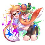  :d cowboy_shot cropped_legs domino_mask highres holding ink_tank_(splatoon) inkling long_hair mask monster_girl navel open_mouth orange_eyes orange_hair pointy_ears shennai_misha shirt short_sleeves smile solo splatoon_(series) splatoon_1 splattershot_(splatoon) super_soaker t-shirt tentacle_hair v-shaped_eyebrows white_shirt wristband 