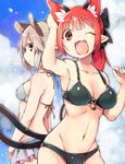  akagashi_hagane alternate_hairstyle animal_ears arm_up bad_id bad_pixiv_id bell bikini blue_sky cat_ears cat_tail cloud day extra_ears fang grey_hair hair_ornament hair_ribbon kaenbyou_rin looking_at_viewer looking_down midriff mouse_ears mouse_tail multiple_girls multiple_tails navel nazrin one_eye_closed open_mouth panties pointy_ears ponytail profile red_eyes red_hair ribbon sky smile swimsuit tail touhou underwear 