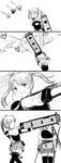  4koma arrow bow_(weapon) closed_eyes comic enemy_aircraft_(kantai_collection) flight_deck greyscale hair_ribbon highres hitting in_the_face kaga_(kantai_collection) kantai_collection long_hair monochrome multiple_girls muneate open_mouth ribbon shinkaisei-kan side_ponytail silent_comic skirt smile thighhighs troll_face twintails weapon y.ssanoha zuikaku_(kantai_collection) 