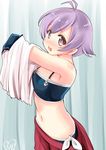  anchor_symbol blush chize heart kantai_collection looking_at_viewer open_mouth purple_eyes purple_hair sakawa_(kantai_collection) school_uniform short_hair skirt solo swimsuit swimsuit_under_clothes undressing 