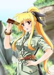 belt binoculars blonde_hair bracelet breasts diesel-turbo fate_testarossa hair_ribbon hand_on_hip jewelry large_breasts long_hair looking_at_viewer lyrical_nanoha mahou_shoujo_lyrical_nanoha necklace open_mouth outdoors ponytail red_eyes ribbon sidelocks solo very_long_hair whistle 
