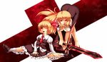  blonde_hair breasts dual_persona ex-rumia frilled_skirt frills hair_ribbon leaning_forward looking_at_viewer masakaze_ryou medium_breasts necktie open_mouth red_eyes ribbon rumia skirt smile sword touhou weapon 