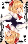  blonde_hair card card_(medium) fangs hair_ribbon highres multiple_views open_mouth playing_card red_eyes ribbon rotational_symmetry rumia shirt short_hair spade_(shape) touhou vest wing_collar yoiti 