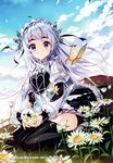  absurdres bug butterfly chaika_trabant character_name cloud coffin copyright_name daisy day eyebrows flower full_body grass hairband highres hitsugi_no_chaika insect lolita_hairband looking_at_viewer number outdoors parted_lips plant purple_eyes salt_(salty) silver_hair sitting sky solo thick_eyebrows thighhighs wariza watermark 