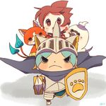  amano_keita armor blue_fire brown_hair cape cat chiyoko_(oman1229) fire ghost helmet jibanyan knight looking_at_viewer multiple_tails notched_ear nyankishi open_mouth paw_print purple_lips red_shirt shield shirt short_hair sweat sword tail tail-tip_fire two_tails weapon whisper_(youkai_watch) white_background youkai youkai_watch youkai_watch_busters 