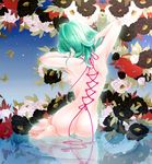  aqua_hair ass back barefoot bishoujo_senshi_sailor_moon bug butterfly corset_piercing flower from_behind insect kaiou_michiru moppu nude piercing pink_ribbon pose red_ribbon reflection ribbon sitting solo water 