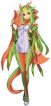  blush boots bridal_gauntlets brown_eyes elbow_gloves fan folding_fan full_body gen_3_pokemon gloves green_gloves green_hair highres horns katagiri_hachigou long_hair looking_at_viewer personification pokemon salamence simple_background smile solo standing tail thigh_boots thighhighs very_long_hair white_background 