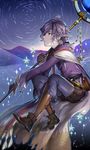  boots cape gloves granblue_fantasy johann_(granblue_fantasy) looking_up male_focus mikurou_(nayuta) night night_sky ponytail silver_hair sitting sky solo staff star 