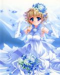  absurdres blonde_hair blue_dress blue_eyes blue_wedding_dress blush bouquet dress drill_hair earrings elbow_gloves flower gloves highres jewelry looking_at_viewer mimizuku_auru original short_hair solo veil wedding_dress 