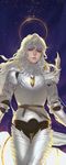  armor belt berserk blue_eyes eclipse feathers from_below gradient gradient_background griffith highres kenny_(poe90) long_hair night shiny sparkle white_armor white_hair 