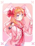  1girl animal_ears bad_id bad_pixiv_id black_hair bow bunny_ears bunny_tail cardigan chibi clenched_hand ekita_xuan fake_animal_ears gekkan_shoujo_nozaki-kun hair_bow highres long_sleeves miniboy nozaki_umetarou orange_hair pink polka_dot polka_dot_bow purple_eyes sailor_collar sakura_chiyo tail upper_body 