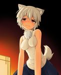  :3 animal_ears bare_arms bare_shoulders blush breasts commentary_request fang fang_out half-closed_eyes head_tilt hitotsubashi_inari inubashiri_momiji looking_at_viewer medium_breasts pom_pom_(clothes) red_eyes shirt short_hair silver_hair skirt sleeveless sleeveless_shirt smile solo tail touhou turtleneck wolf_ears wolf_tail 