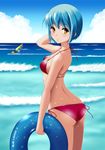  ass beach bikini blue_hair blush breasts covered_nipples highres innertube kaze_makase looking_at_viewer looking_back original short_hair small_breasts solo standing swimsuit wet yellow_eyes 
